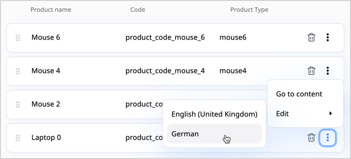 Edit embedded content item - select language