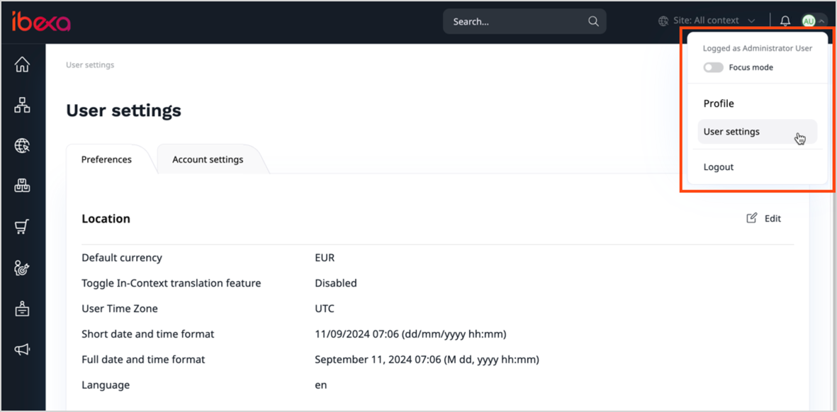 User preferences menu